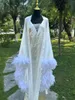 Women's Sleepwear Feather Trim Floor Length Wedding Dressing Gown Set White Boudoir Satin Kimono Bridal Robes Long Silk Lingerie Gift Robe