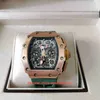 Topkwaliteit herenhorloge 44 mm x 50 mm RM11-03 Skeleton 18k Rose Gold Designer Horloges Groene elastiekjes Saffier Transparant Mechanisch Automatisch Herenhorloges