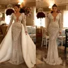 Brilliant Mermaid Wedding Dresses Deep V-neck Long Sleeves Whole Body Sequins Floor Length Detachable tail Custom Made Plus Size Bridal Gown Vestidos De Novia