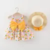 Mädchen Kleider 2 Stück Sommer Set Säuglingskleinkind Mädchen Kleidung Koreanische Mode Lässig Niedlichen Großen Bogen Strand Baby Prinzessin Kleid Sonnenhut BC398