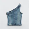 Damestanks cos lris zomer dames casual Amerikaanse retro hellende schouders asymmetrische slanke denim topvest 6045/005