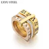 Cluster anéis de luxo feminino anel de noivado na moda anéis de aço inoxidável três camadas numerais romanos zircão anéis de casamento nupcial jóias presente 230424