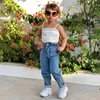 Ensembles de vêtements bretelles ensemble tenues pantalons sans bretelles filles hauts enfant en bas âge jeans dentelle enfants bébé tenues ensemble