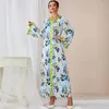 Ethnic Clothing Abaya For Women V-neck Long Sleeve Green Edge Leaf Print Loose Dress Dubai Turkish Casual Kaftan Caftan Fashion Female