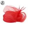 Wide Brim Hats Bucket Hats FS Bridal Wedding Red Hats Fascinators For Woman Cocktail Church Party Sinamay Feather Veil Headdress Elegant Cap 230422