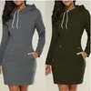 Casual Dresses 2023 Women's Dress Kne-Längd fickor huva varm svett skjorta långärmad sida zip halsringning enkel sport kjol