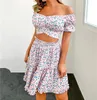 Arbeitskleider Frauen Blumendruck Outfits Sommer Casual 2 Stück Schulterfrei Crop Tops A-Linie Rüschenröcke Kleidung Set Damen S-XXL