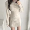 Vestidos casuais coreano moda camisola vestido para mulheres com nervuras malha cabida mini sexy outono inverno o pescoço manga longa backless bodycon