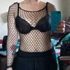 T-shirt féminin Femme Fishnet Mesh See-Through Black Shirts New Fashion Bodystocking Night Robe Hollow Out Fishnet Sexy Long Manches Long Sous-Wear P230328