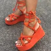 Sandálias verão oco peep toe gladiador mulheres lace-up cunhas plataforma sapatos ao ar livre praia férias casuais senhoras