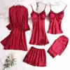 Damen-Nachtwäsche-Pyjama für Frühling und Sommer, dünnes fünfteiliges Set, sexy Straps-Pyjama-Kleid, locker sitzend, mit Brustpolster