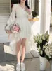 Casual klänningar 2023 Spring Women Sweet Pink Fairy A-Line Dress Female Long Sleeve Ruffle Square Collar Oregelbundet Princess Cute Prom