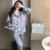 Vrouwen Nachtkleding Revers Pyjama Set Vrouwen 2 Stuks Lange Mouw Shirtpants Pyjama Pak Herfst Casual Zijdeachtig Satijn Nachtkleding Thuis kleding