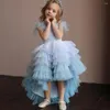 Flickklänningar Tiered Flower A-Line O-Neck Kort ärm SEBSED Applices Front Long Back Puffy Tulle Kids Pageant Dress