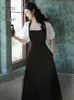 Festklänningar yosimi svart lapptäcke vit voile lång klänning 2023 sommar vintage snedstreck kort ärm i mitten av kalf a-line för kvinnor