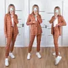 Dames tweedelige broek 2023 Ins Classic Plaid Young Casual Office Lady Suita Set Open Stitch Full Sleeve Long Straight Women 2