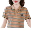 デザイナーミルクシルクストライプの女性ポロシャツ短袖の豪華な夏の大規模ラペルスリムTシャツトップ