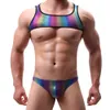 Pcs hommes S Sexy demi débardeur avec string ensemble brillant arc-en-ciel exotique Lingerie PU Faux cuir fétiche Costume scène Club vêtements de nuit