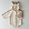 Rompers Autumn Winter Children Sticked kläder Korean Style Climbing Suid Solid Color Sticked Hooded Toddler Baby Boys Girl Romper