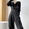 Kvinnors jumpsuits rompers svart denim för kvinnor koreansk stil vintage playsuit breda ben byxor lösa byxor överdimensionerade overallkläder 231123