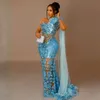 2023 ASO EBI Blue Mermaid Sheer Neck Illusion Prom Dress Luxious Tulle Lace Party Evening Second Reception Birthday Engagement African Gowns Dresses AM012