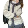 女性のブラウス女性秋の冬の幾何学パターンセーターコート長袖シングル胸肉パッチワークカラー編みカーディガンアウトウェア