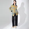 Kvinnors tvåbitar byxor Miyake Model Fall Suit Retro Print Casual Shirt T-shirt PLEATED ENKEL RACH TWO-PEEECH SET
