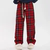 Calças femininas harajuku oversize vermelho xadrez mulheres 2023 primavera hip hop solto perna larga calças mulher cintura alta casual reta