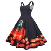 Casual Dresses Spring Summer Fall Halloween Jack-O'-Lantern Print Scoop Neck Sleeveless Women Party Mini Short Skater Dress