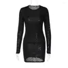 Casual jurken Hollow Out Black Bodycon Short Mini Evening Club Birthday Dress Women Y2K Streetwear Long Sleeve Summer Desse Vestido