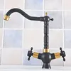 Bathroom Sink Faucets Black & Gold Color Brass Swivel Spout Dual Cross Handles Kitchen Wet Bar Vessel Faucet Mixer Tap One Hole Asf794