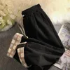 Spodnie damskie JMPRS Fashion Plaid Hemming Women Cord o wysokim talii jesień czarne koreańskie luźne proste spodnie swobodne sznurowanie