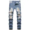 Retro Blue Slim-Fit Men's Jeans Nostalgic Ripped Denim Pants Zip Decorate Men Clothing