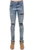 Designer Clothing Denim Amiiri High Street Bleu Effiloché Patchwork Jeans Hommes Slim Fit Petits Pieds Casual Pantalon Déchiré À La Mode