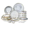 Plates Nordic Gold Rim Ceramic Tableware Set Gray Marbled Dinner Plate Soup Bowl Dish Spoon Home Simple Luxury Flatware