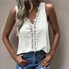 Blusas de mujer verano Color sólido ahueca hacia fuera cuello en V encaje camiseta sin mangas moda delgada blanca sin mangas pulóver camisa blusa Mujer Blusas