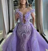 Exquisite Meerjungfrau-Abendkleider Ein Langarm-V-Ausschnitt Applikationen Pailletten Bodenlange Perlen Abnehmbarer Zug Abschlussballkleid Formelles Kleid Plus Size Kleider Partykleid