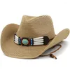 Bérets Femmes Kaki Turquoise Ceinture Cowboy Chapeau Floppy Plage Chapeaux D'été Paille Dames Protection UV Hommes Panama Soleil