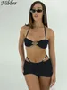 Tvådelt klänning nibber 2 styck uppsättningar kvinnor kläder sexig fast färg snörning korsett topp bras mager wrap kjolar sommar kvinnor strand bikini 230424