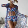 2023 Swimsuit For Women Three Piece Set Long Sleeve Overshirt Mesh Drawstring Bikini Swimming Suit Ladies Beach Outfits