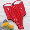 Costumi da bagno da donna in pelle PU Lingerie sexy Donna Body avvolgente per il petto Puro desiderio di attirare abiti trasparenti Collant monopezzo senza schienale