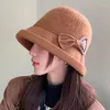 Berets 2023 Autumn Winter Wool Blend Warm Bucket Hat Women Fashion Bow Vintage Fisherman Hats Spring Felt Foldable