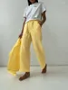 Pantalon de deux pièces pour femmes 2023 Été Femmes Élégant Mode Ensemble Solide Jaune Tenues Taille Haute Lin Coton Chemise 2 pour