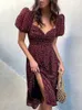 Abiti casual Sfugo Donne a maniche corte Summer Midi Abito vintage V Nock Stampa floreale in stile francese Stiret Dresses Sexy Flit Party Abiti 230425