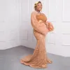 Abiti da festa Abito da sera a sirena a maniche lunghe gonfio per donne africane Abiti da ballo in pizzo con collo trasparente Sexy Aso EBi formale