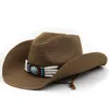 Basker kvinnor khaki turkos bälte cowboy hatt floppy strand hattar sommar halm damer uv skydd män panama sol