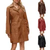 Женское кожаное пальто средней длины, Тренч с длинным рукавом, модная женская куртка от дождя для кемпинга