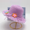 s Girls Beige Flower Wreath Straw Cap Wide Wavy Brim Summer UV Protect Sunscreen Beach Hats 3-8 Years P230424