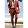 Men's Suits Dark Red Linen Men 2 Piece Summer Casual Blazer Pant Sets Wedding Prom Daily Travel Outfit For Jacket Trousers