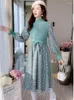 Casual Dresses Corduroy Knitting Vestidos Long Sleeves Floral A-Line Vintage Women Autumn Winter Bow Sweet Robe Femme 2023